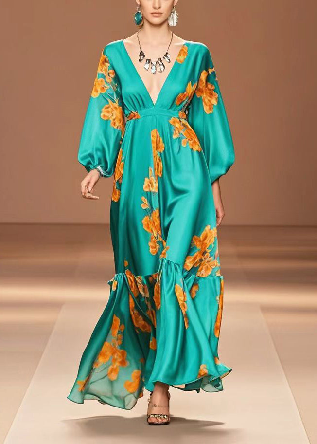 Peacock Green V Neck Print Silk Dresses Fall