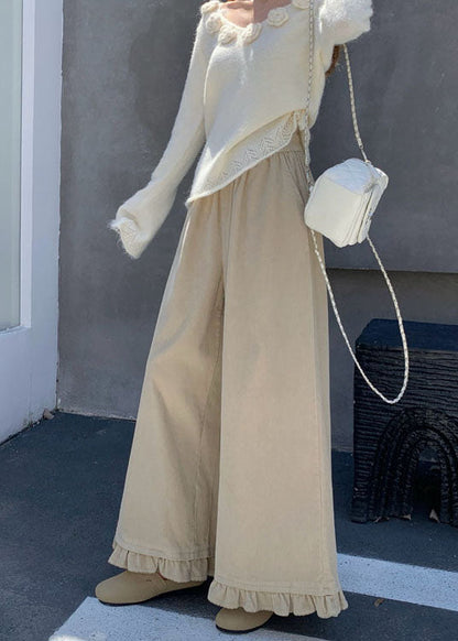 Apricot Ruffled Patchwork Elastic Waist Corduroy Pants Fall