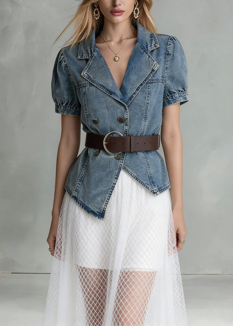 Blue Notched Asymmetrical Design Denim Shirts Summer