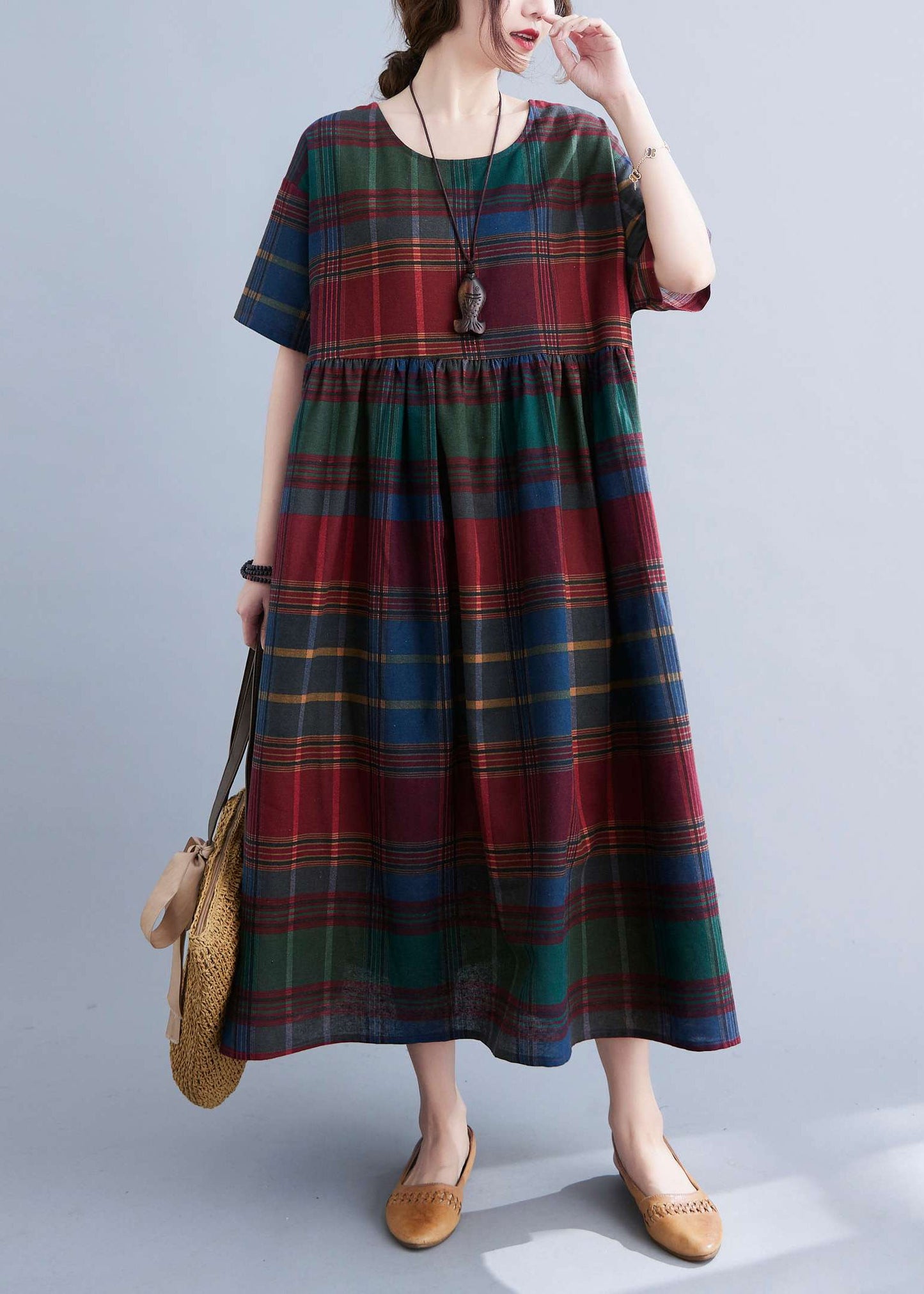 Boutique Red Plaid O-neck Wrinkled Cotton Long Dress Short Sleeve