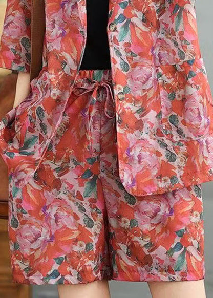 Loose Peter Pan Collar Print Coat and Shorts Cotton Two Pieces Set Summer