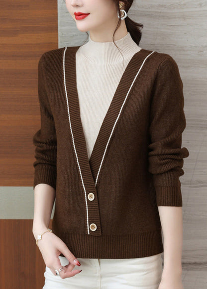 Khaki Half Hign Neck False Two Pieces Knit Sweater Tops Fall