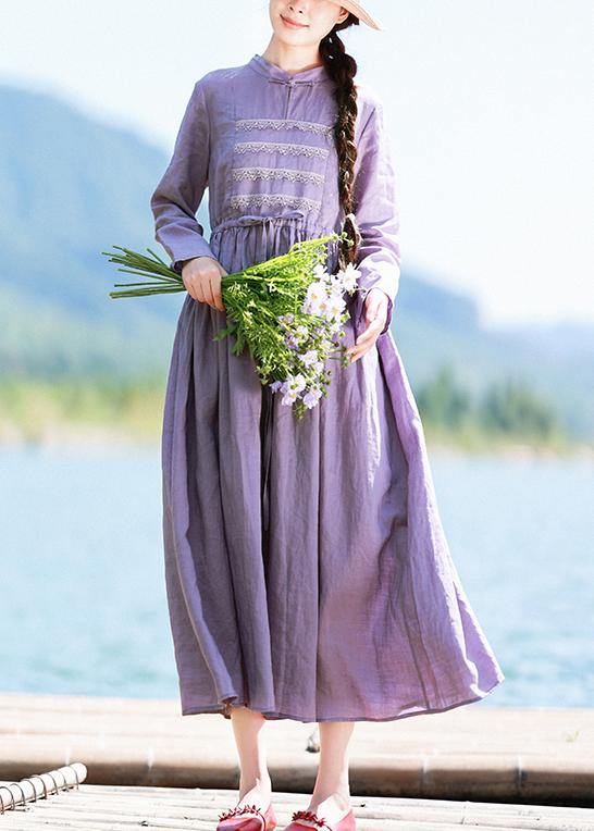 Stand Collar Patchwork Lace Spring Pattern Shape Purple Dress