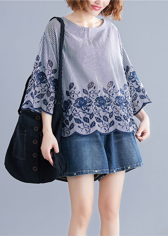 Style Blue O-neck Embroideried Striped Cotton Tops Bracelet Sleeve