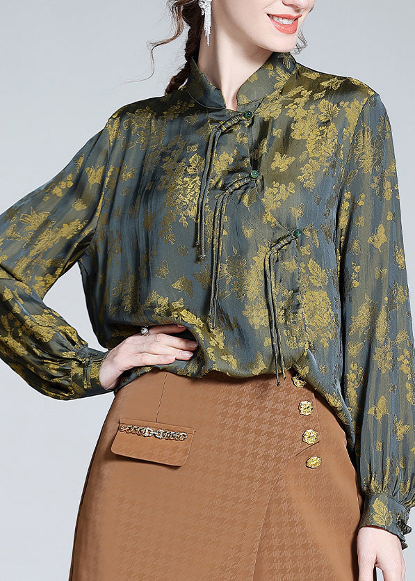 Yellow Green Print Button Silk Tops Long Sleeve