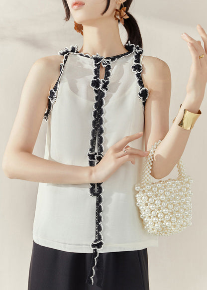 White Ruffled Patchwork Tops Sleeveless
