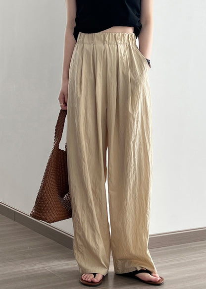 Khaki High Waist Wrinkled Cotton Wide Leg Pants Fall