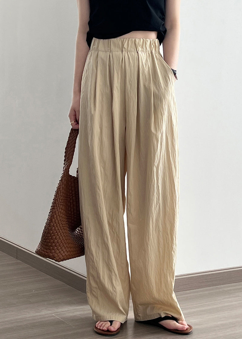 Khaki High Waist Wrinkled Cotton Wide Leg Pants Fall