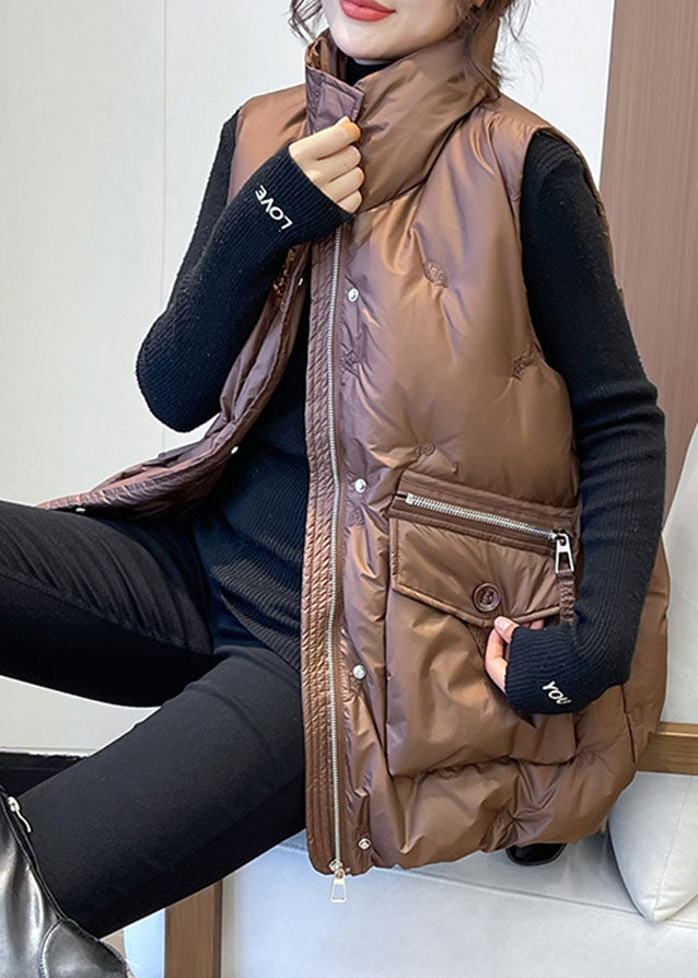 French Caramel Embroideried Pockets Duck Down Vests Winter