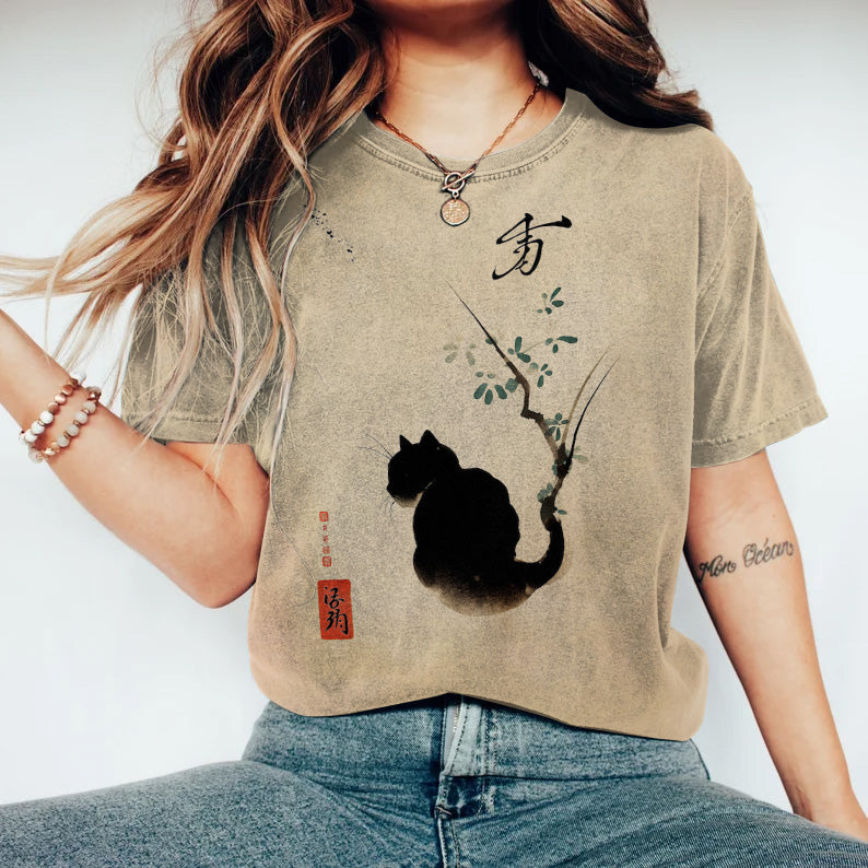 Japanese Art Cat Print Casual Cozy T-Shirt elevenforest