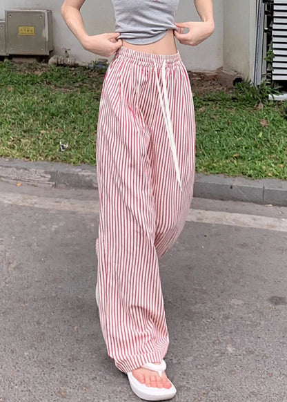 Blue Striped Elastic Waist Cotton Wide Leg Pants Summer