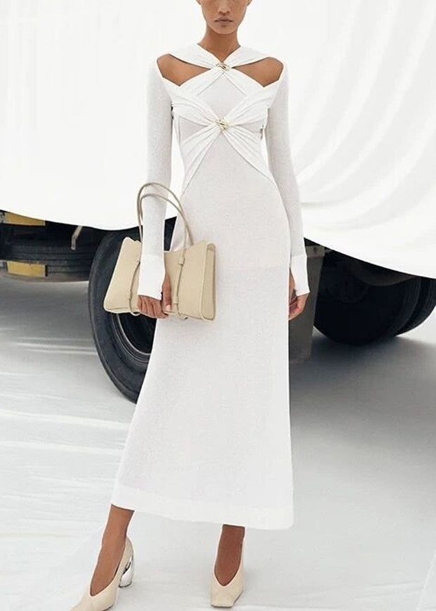 Slim Fit White Hollow Out Knitting Cotton Long Dresses Fall
