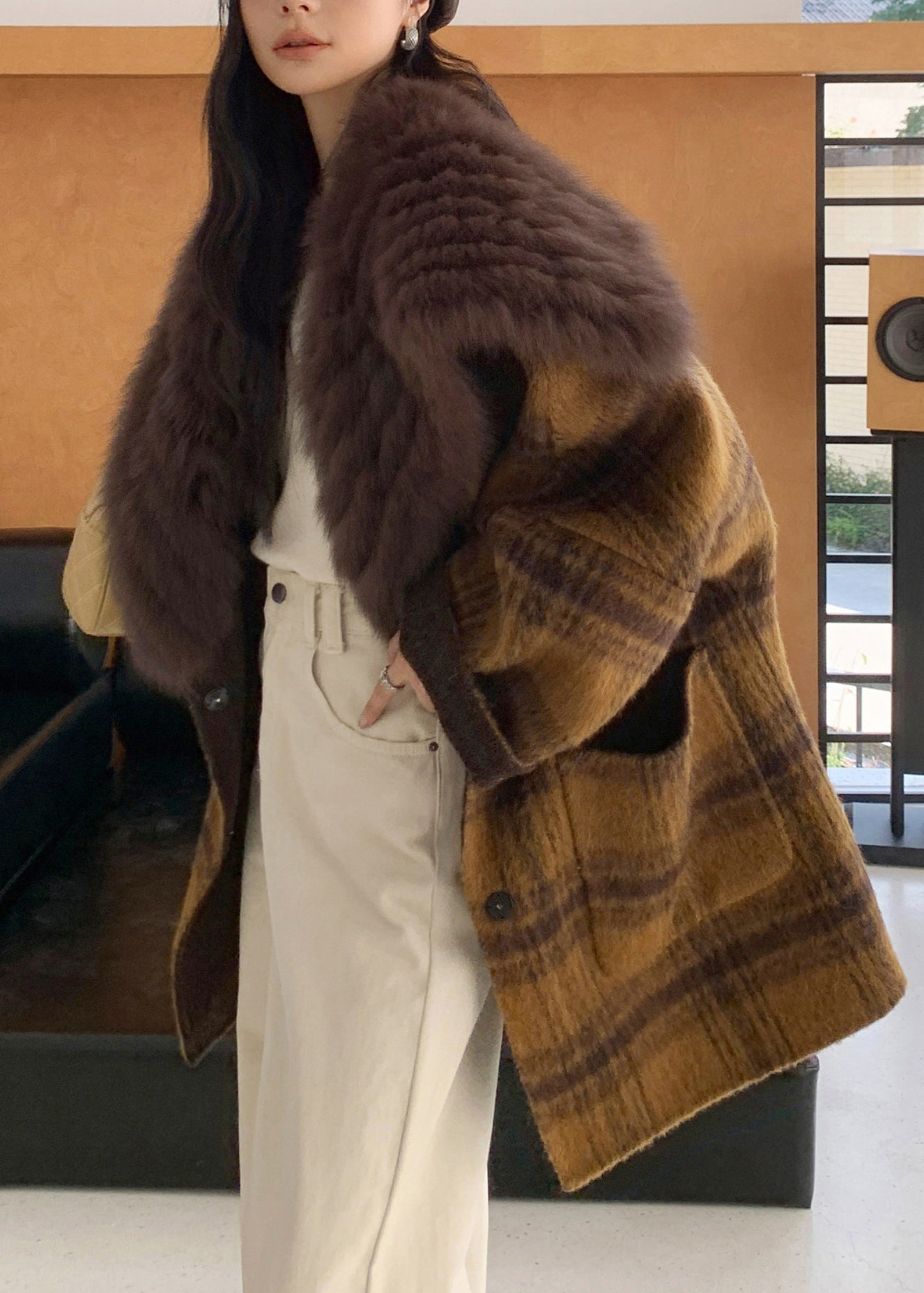 Yellow Fur Collar Plaid Pockets Wear on Both Sides Woolen Coats Fall