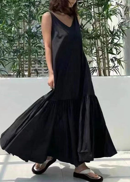 Black V Neck Patchwork Wrinkled Cotton Dress Summer