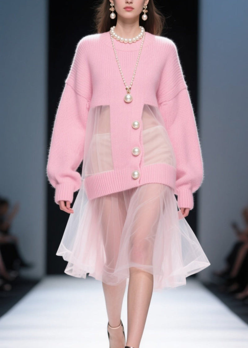 Pink O Neck Tulle Patchwork Knit Sweater Dress Fall