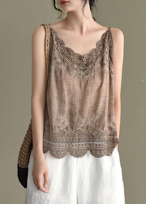 Pink Embroideried Lace Hollow Out Summer Cotton Vest Sleeveless