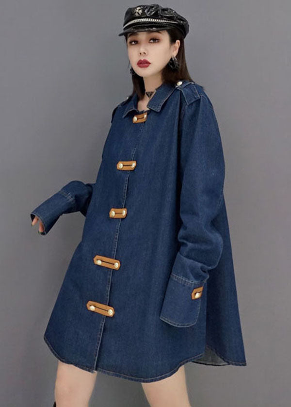 Blue Peter Pan Collar Cotton Denim Long Coat Long Sleeve
