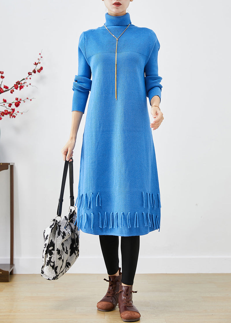Blue Turtle Neck Tasseled Knitted Dress Fall
