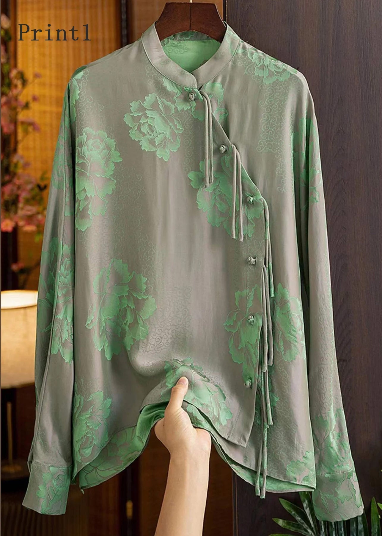 Yellow Text Mandarin Collar Button Print Silk Shirt Top Spring