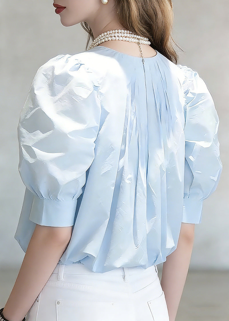Fitted Blue Wrinkled Top Short Sleeve