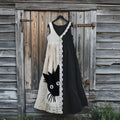 Comstylish Cute Black Cat Embroidered Art Linen Contrast Color Sling Dress