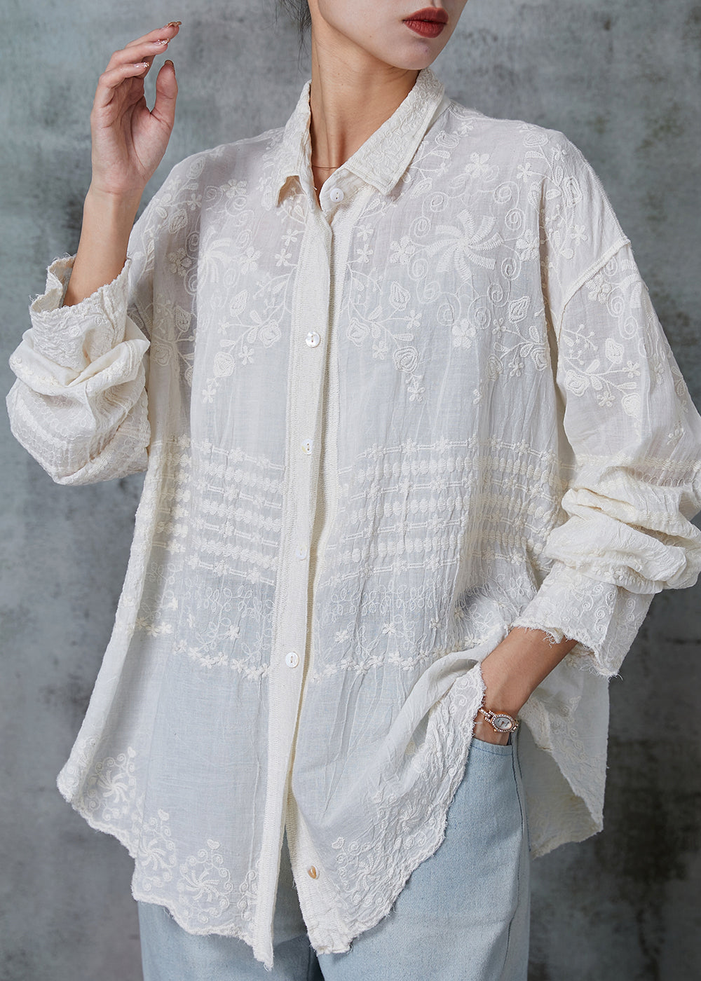 Apricot Embroidered Cotton Blouses Spring