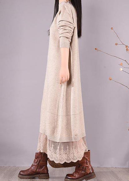 French O Neck Patchwork Lace Spring Clothes for Sewing Beige Robe Dresses