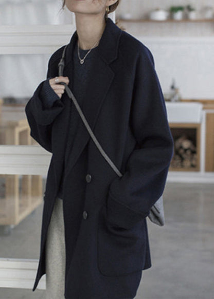 Black Notched Button Woolen Coats Fall