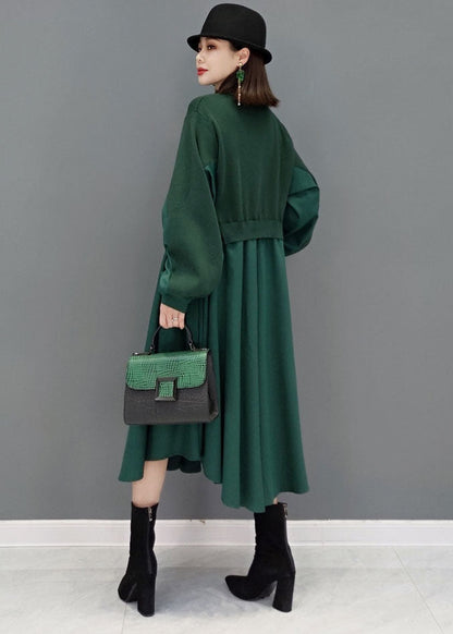 Green Stand Collar Patchwork Knit Cotton Shirt Dress Long Sleeve