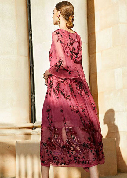 Stylish Rose V Neck Embroideried Hooded Silk Two Pieces Set Dresses Summer