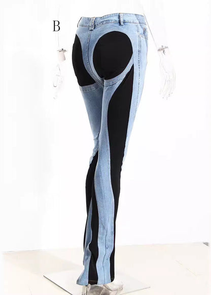 Hollow Out Tulle Patchwork Denim Trousers Fall