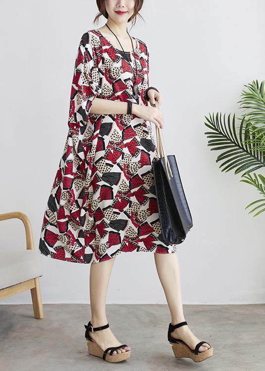Diy Red Print Batwing Sleeve Summer Chiffon Dress