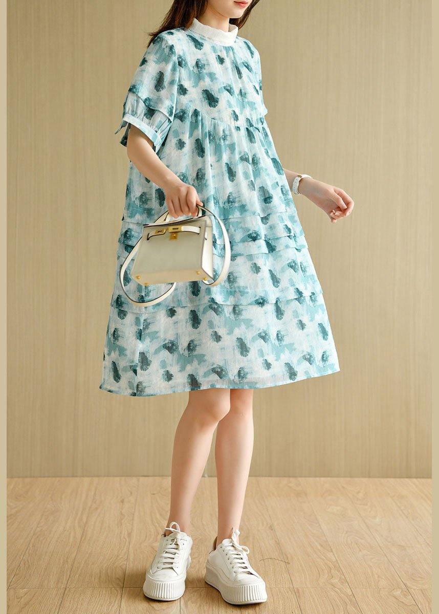 Green Peter Pan Collar Print Summer Cotton Dress Short Sleeve