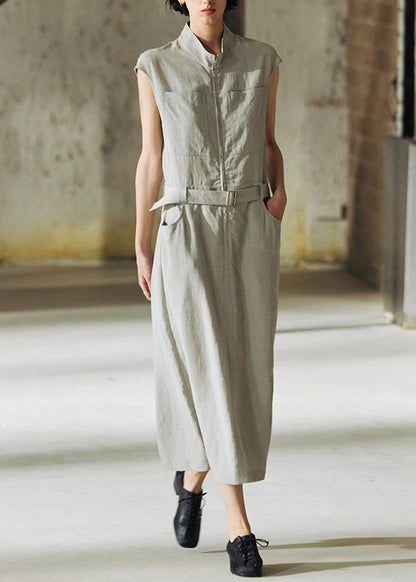 New Stand Collar Pockets Cotton Long Dresses Summer