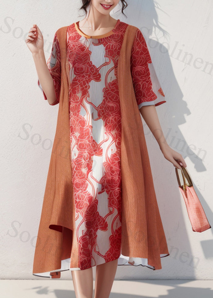 Orange Oversized Patchwork Print Cotton Dress Summer