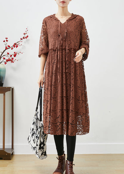 Coffee Hooded Ruffled Lace Dresses Fall