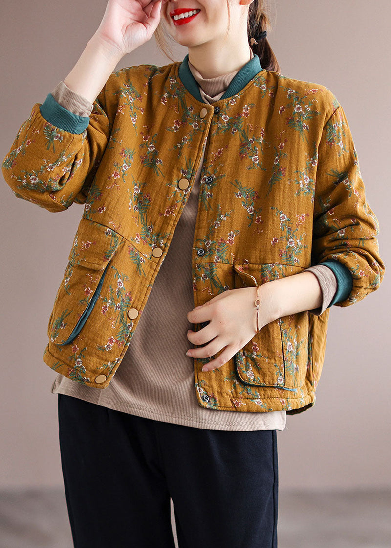 Yellow Print Fine Cotton Filled Coat Stand Collar Long Sleeve Winter