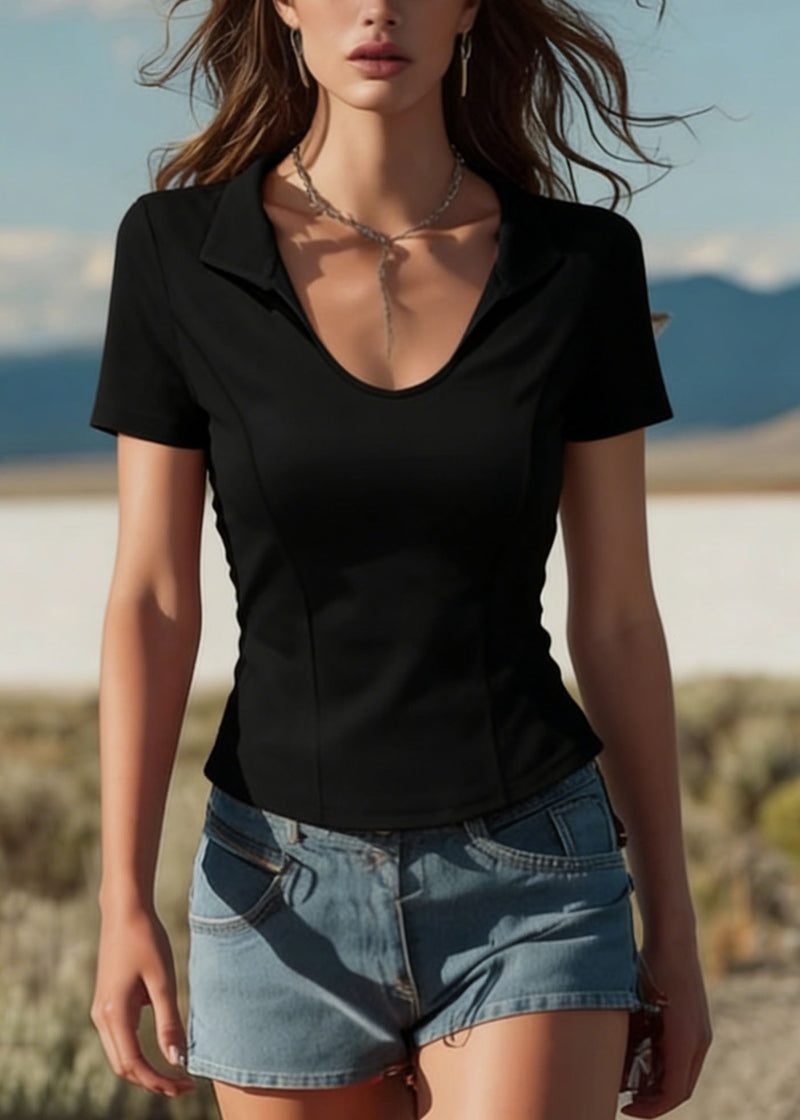 Black Peter Pan Collar Patchwork Cotton Top Summer