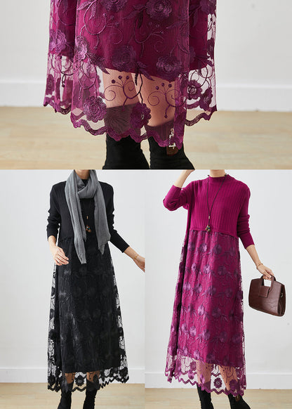 French Purple Embroideried Patchwork Knit Vacation Dresses Fall