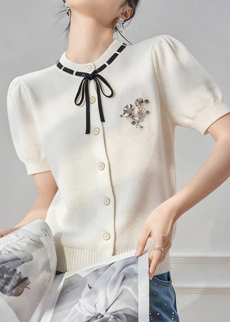 French White Peter Pan Collar Tie Lace Knit Top Short Sleeve