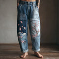 Comstylish Women's Cherry Blossom And Sea Wave Embroidery Patchwork Art Jeans
