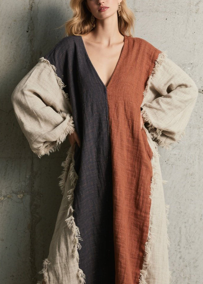 Colorblock V Neck Tassel Patchwork Cotton Dress Fall