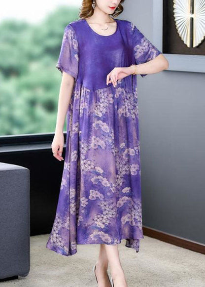 Purple O Neck Print Wrinkled Patchwork Silk Dress Summer