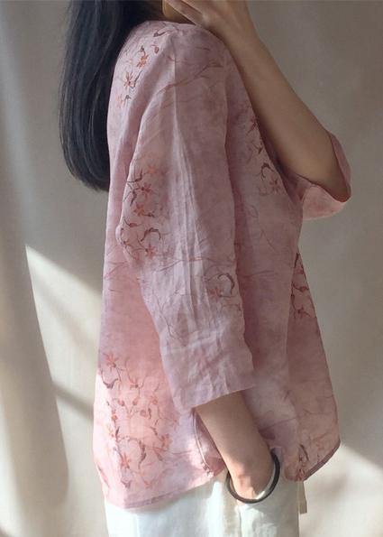 Organic Pink Print Blouses for O Neck Chinese Button Daily Tops