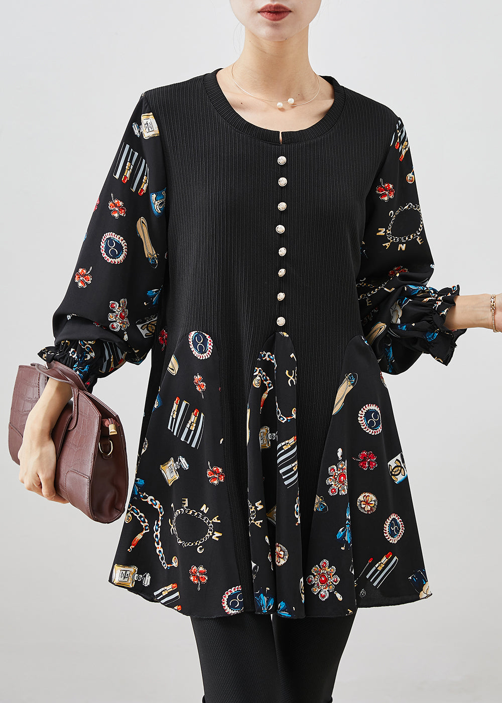 Black Print Patchwork Cotton Mini Dress Fall