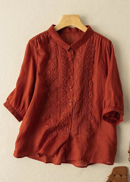 Mulberry Embroideried Slim Fit Linen Shirt Tops Half Sleeve