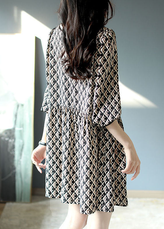Black Peter Pan Collar Print Patchwork Chiffon Dresses Spring