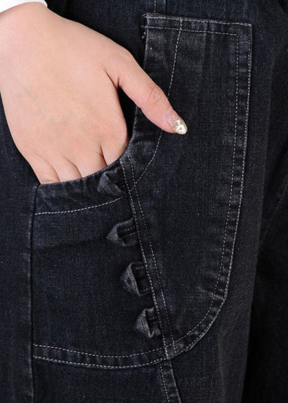 Black Grey Elastic Waist Embroideried Pockets Cotton Denim Lantern Pants Summer