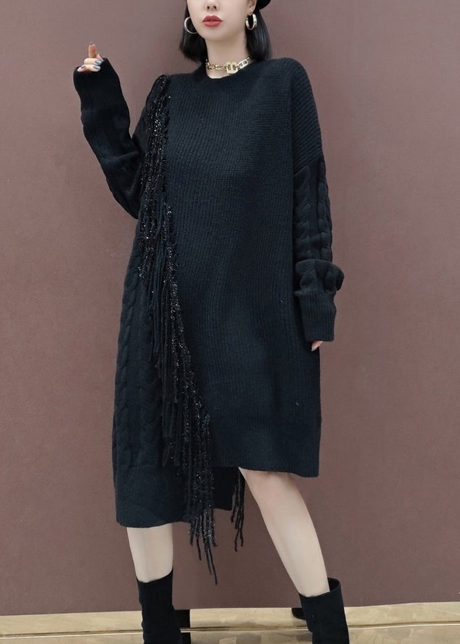 Orange Tasseled Patchwork Knit Knit Sweater Dress Winter