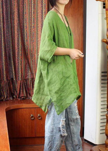 Green U Neck Linen Summer Shirt Tops